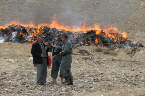 Counter Narcotics Police of Afghanistan (CNPA) destroyed approximately 25 tons of narcotics and precursor chemicals during a “drug burn” hosted by the Deputy Interior Minister for Counter Narcotics. (U.S. State Department photo)