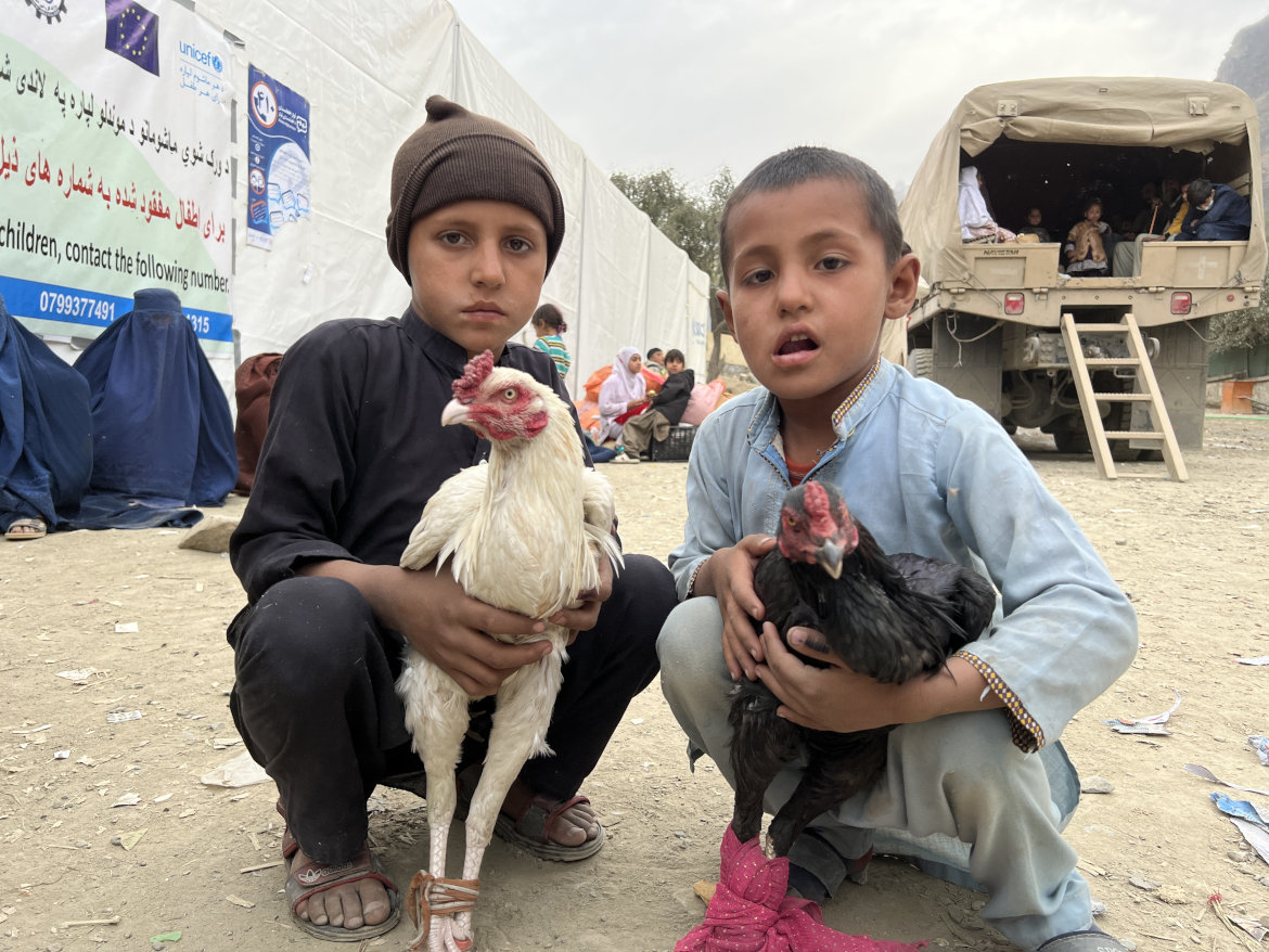 Two brothers hold chickens they brought back to Afghanistan after returning from Pakistan. (WFP)