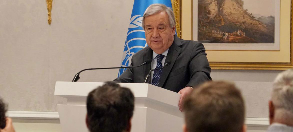 UN Secretary-General António Guterres at a press conference in Doha, Qatar. (Photo by UN/Khava Mukhieva)